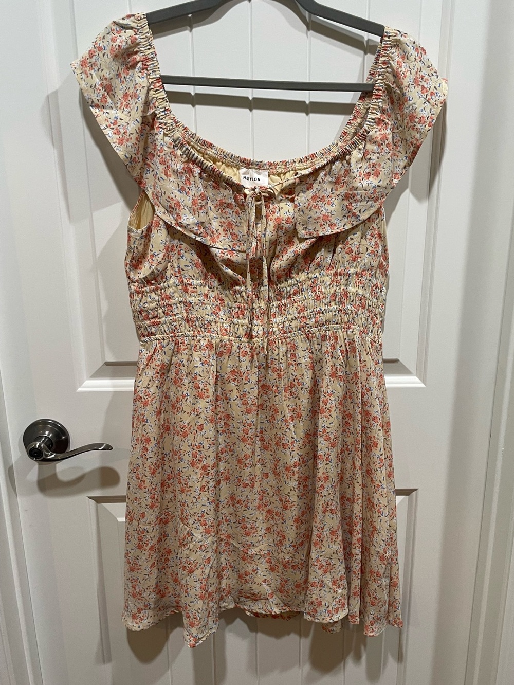Heyson Peach Floral Smocked Waist Cap Sleeve Dress Sz L NWT
